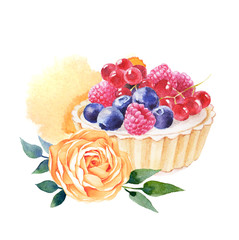 Cake hand drawn watercolor illustration on white background. - 124517468