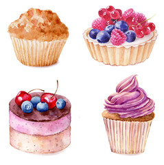 Set of watercolor cupcakes hand drawn illustration on white background. - 124517475
