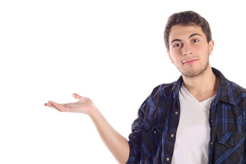 Man showing something on palm.