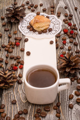 Cup of coffee, cookies, beans on wooden background. Template