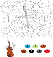 Cartoon funny violin. Color by number educational game for kids