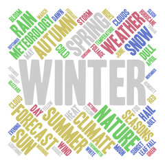 Winter word cloud in shape of square. Weather concept. Vector.