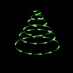 Green cone made by fireflies, modern vector christmas tree icon, dark background