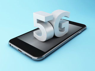 3d Mobile phone with 5G sign.