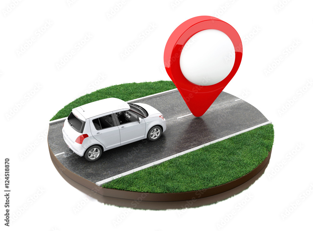 Poster 3d car on the road with map pointer.