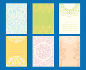 Set of six journaling cards with mandala elements in pastel colors.