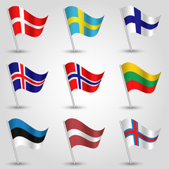 vector set of nine flags - waving simple triangle danish, finnish, icelandic, norwegian, swedish, estonian, lithuanian, latvian and faroese flag on slanted silver pole - states of northern europe