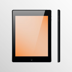 Realistic tablet pc with orange screen. Front and side view. Isolated on white background. Vector illustration
