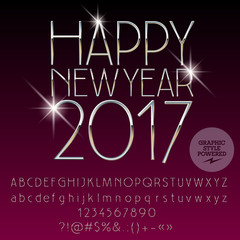 Vector silver shiny Happy New Year 2017 greeting card with set of letters, symbols and numbers. File contains graphic styles