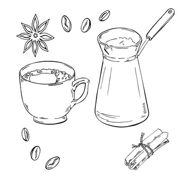 Turkish coffee and spice sketch. Hand drawn vector illustration.