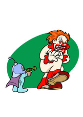 A kid scaring a killer clown. Vector Illustration
