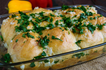 Fragrant Bruschetta with feta cheese, slices of eggplant and broccoli grilled. Close up