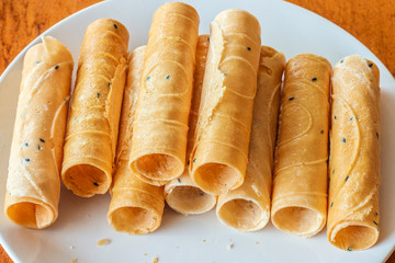 Tong Muan, a type of rolled wafer, a traditional dessert in Thailand