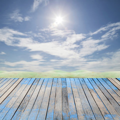 perspective wood plank floor on sky  background for design, back