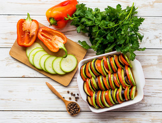 Uncooked homemade French ratatouille. Healthy food concept.
