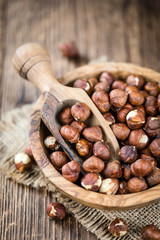 Hazelnut Kernels (selective focus; close-up shot)