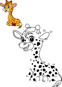 Connect the number to draw the animal educational game for children, Cute baby giraffe