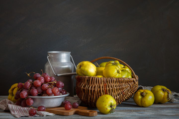 Still life in a rustic style. Autumn collection. Harvest. Aluminum dishes. Natural light from the window.