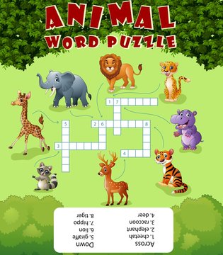 Card with crossword, education game for children about wild animals