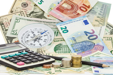 Calculator with coin ,pencil on money banknotes Euro and Dollars