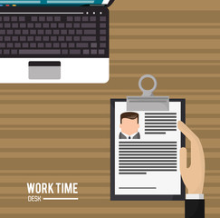 Laptop over desk and document icon. Work time office and supplies theme. Colorful design. Vector illustration