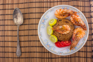 Cooked Fresh Shrimp with Rice Served in a plate / Cooked Fresh Shrimp with Rice / Shrimp with Rice plate