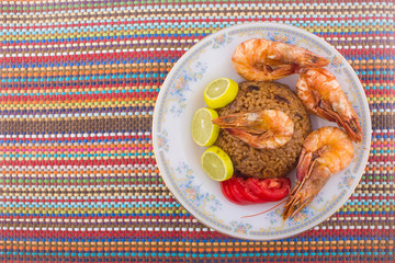 Cooked Fresh Shrimp with Rice Served in a plate / Cooked Fresh Shrimp with Rice / Shrimp with Rice plate