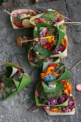 offering, Bali, flowers, banana leaf, cookie, culture, religion, hindu, Brahma, Vishnu, Shiva