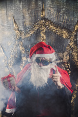 portrait of Santa Claus, a man dressed in a stimpack hipster style, holding a new year's gift