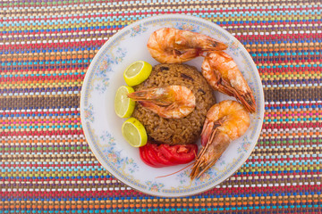 Cooked Fresh Shrimp with Rice Served in a plate / Cooked Fresh Shrimp with Rice / Shrimp with Rice plate