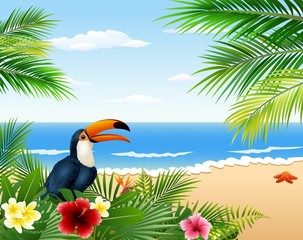 Card with tropical beach, tropical plants and toucan © ekyaky