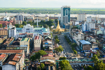 Aerial view of Sule pagoda in downtown, Yangon, Myanmar. Sule Pagoda located in the heart of Yangon