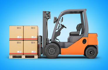 Forklift truck with boxes on pallet on blue gradient backround 3