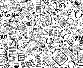print, seamless pattern with a bottle of whiskey, glasses and inscriptions. Design elements.