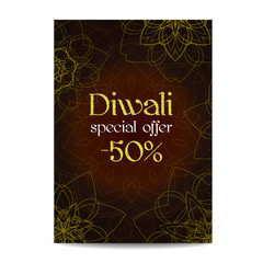 Diwali big sale banner. Indian festival of lights. Flyer with gold glitter shiny text and floral mandala. Special discount offer. Realistic gold sequins with blinks. Vector EPS10 illustration.