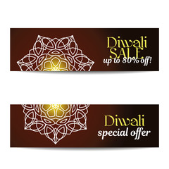 Set of Diwali big sale banners. Indian festival of lights. Flyers with gold glitter shiny text and floral mandalas. Special discount offer. Realistic gold sequins. Vector EPS10 illustration.