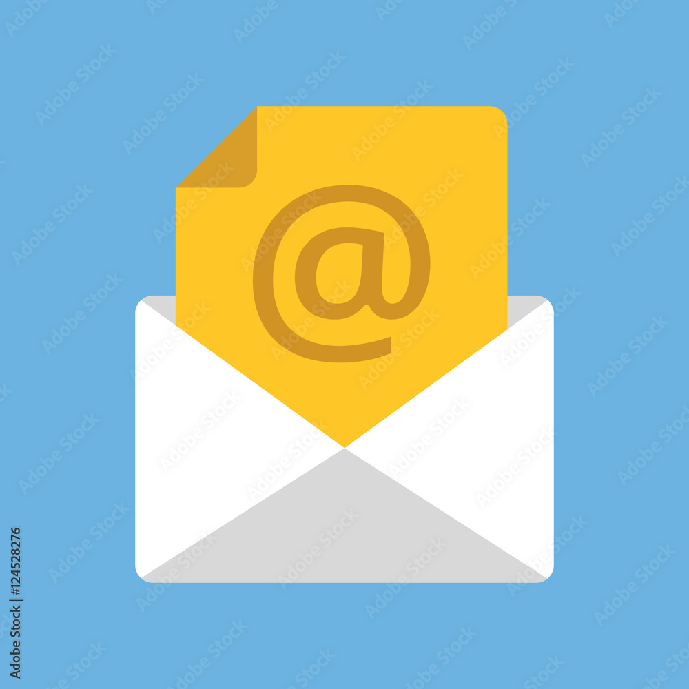 Poster white envelope with yellow document with at sign. email address, e-mail box, incoming message concep