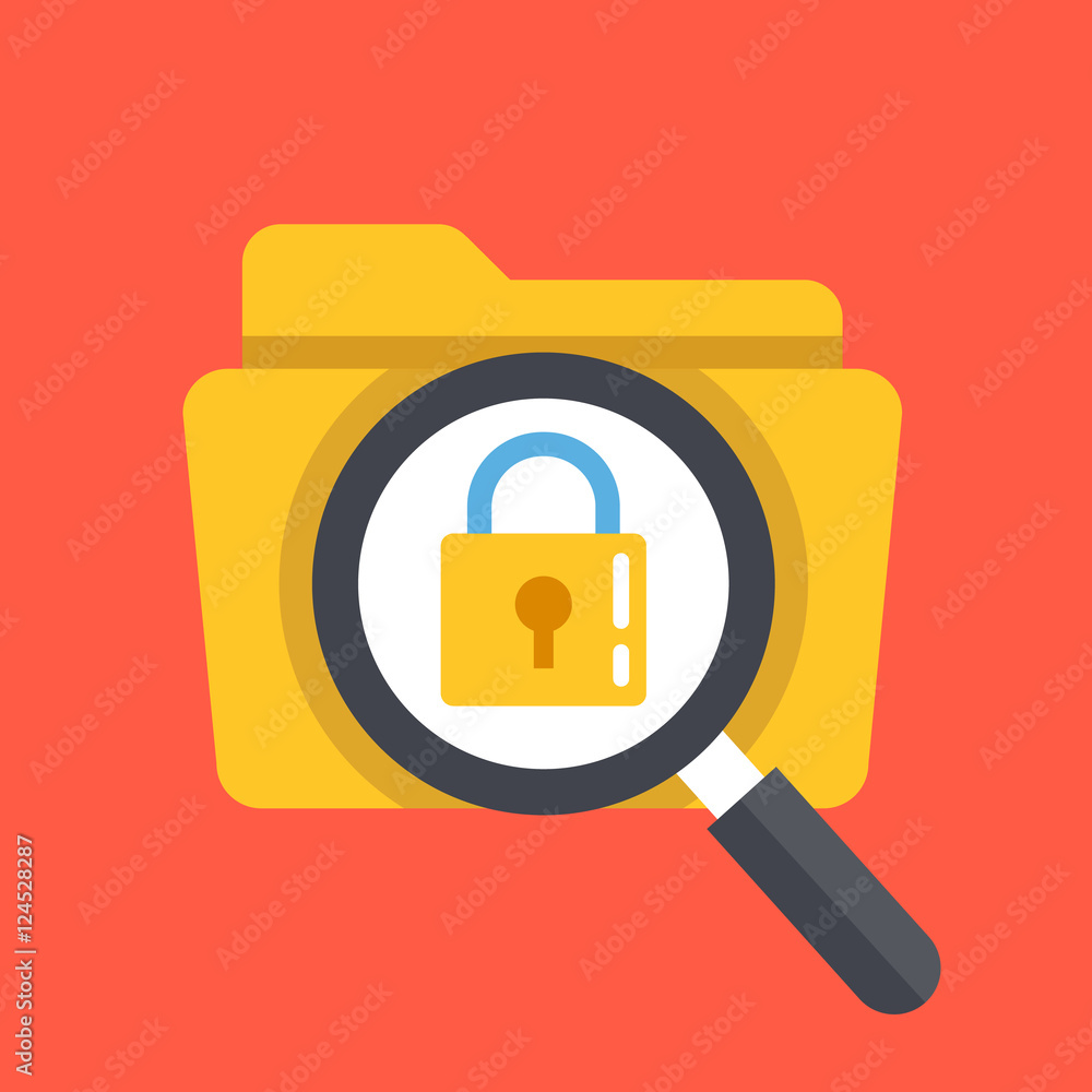 Poster yellow folder icon and magnifying glass with padlock icon. password protected folder concept. flat d