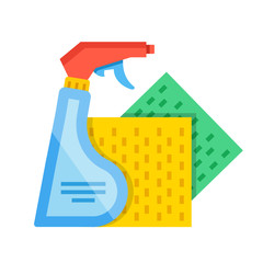 Detergent spray bottle and green and yellow sponge cloths. Cleaning, washing concepts. Modern flat design vector illustration