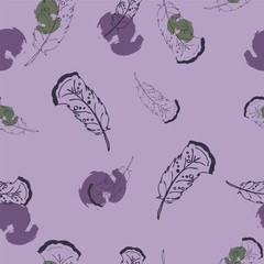 Seamless pattern with abstract feathers and backdrops on pastel lilac background. Hand drawn vector illustration.