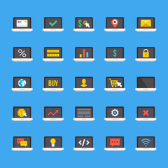 Laptop icons set. Notebook screens. Business, ecommerce, internet. technology, coding, banking, shopping concepts signs and symbols collection. Flat design vector icons