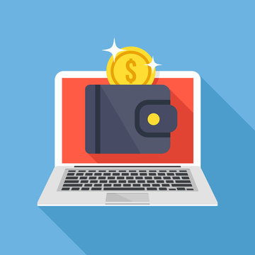Laptop with wallet and gold coin icon. Long shadow flat design. Modern vector illustration