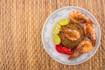 Cooked Fresh Shrimp with Rice Served in a plate / Cooked Fresh Shrimp with Rice / Shrimp with Rice plate