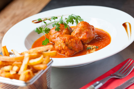 Belgian Dish Meatballs And French Fries