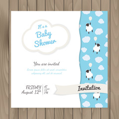 Vector template for design baby shower cards and invitations with cute sheep in clouds.