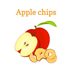 Vector illustration Half of red apple and dried fruits. Slices of apple chips, baked delicious fruits on white background. It can be used in the design of packaging cereals, breakfast healthy food