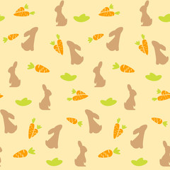 Vector seamless pattern with rabbits and carrots. Childish background.