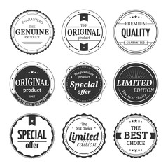 Obraz premium Set of retro badges and labels. Vintage classic design elements with title Genuine product, Premium quality, Best choice, Limited edition, Special offer, Original product. Isolated from a background.