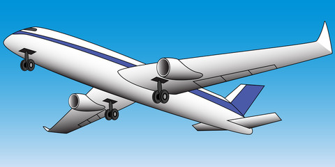 Airplane taking off/landing against the blue sky background