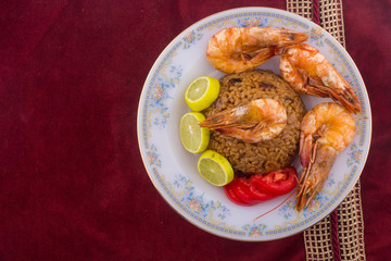 Cooked Fresh Shrimp with Rice Served in a plate / Cooked Fresh Shrimp with Rice / Shrimp with Rice plate